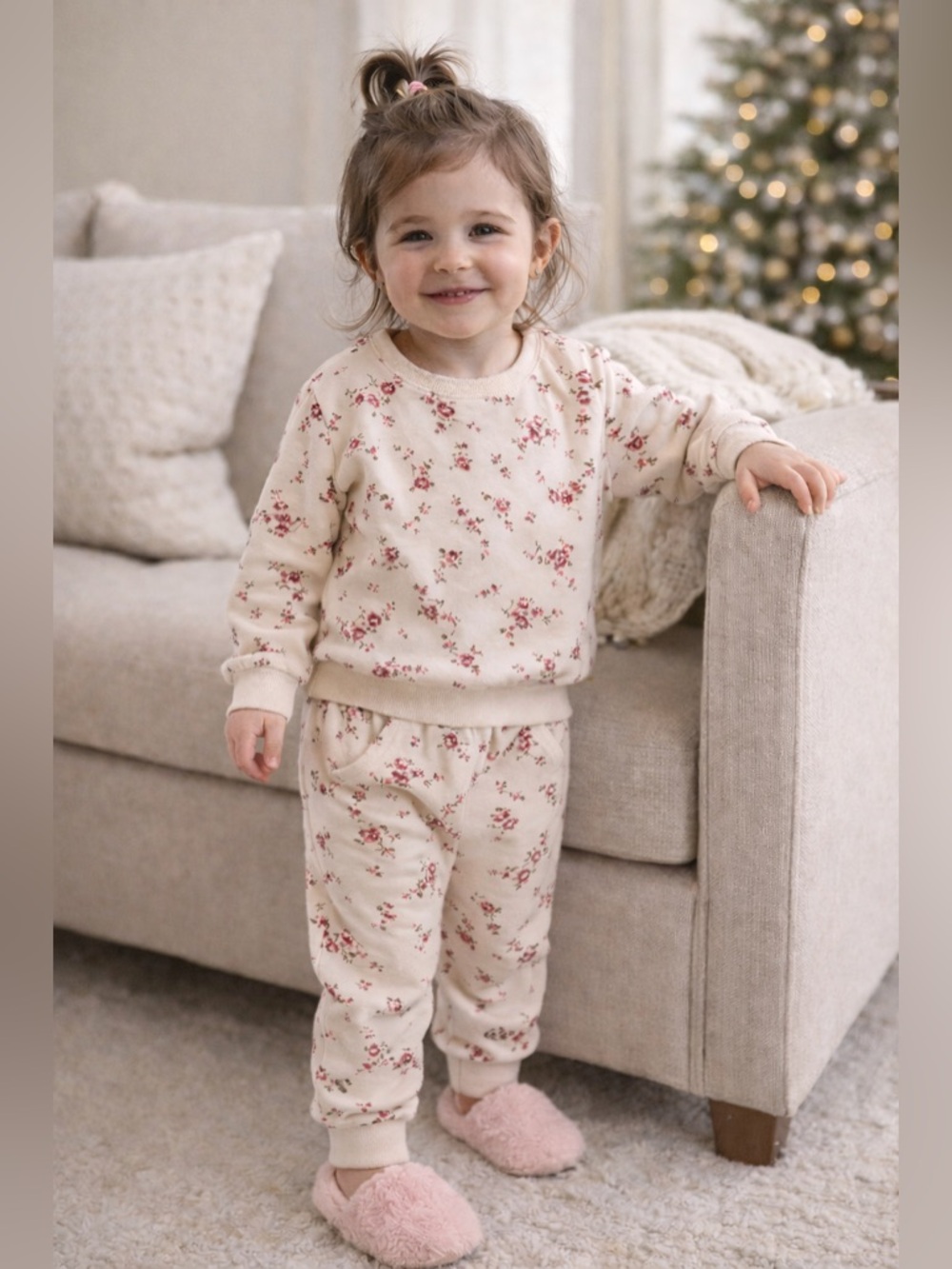 Girls Floral Lounge Set 2PC | Cozy Matching Outfit Pink Cream | Size 3-6 M
